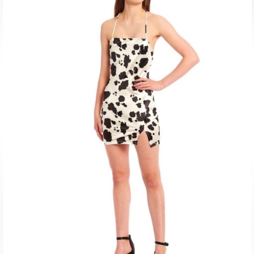 NWT THIRTY THIRTY Satin Cow Print Slit‎ Adjustable Strap Bodycon Mini Dress Sz L